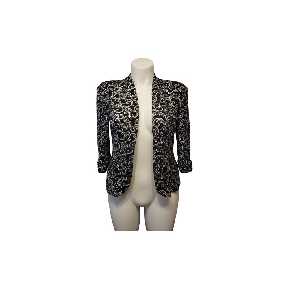 Alex Evenings Shimmer Jacket Women M Black Silver Open Front Formal Party